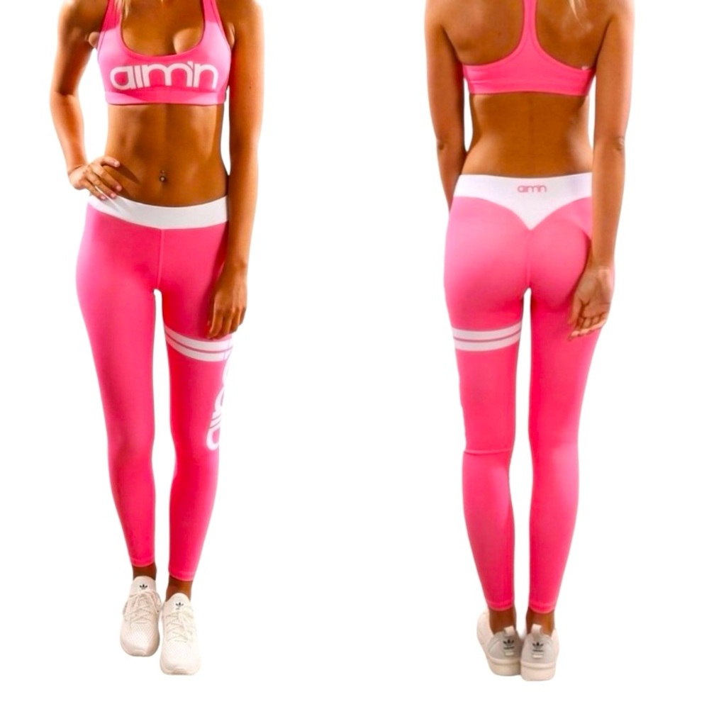 AIMN Pink with White Workout Athletic Leggings Activewear Sz Small